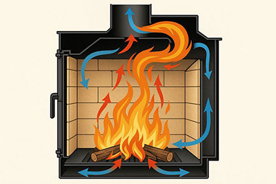 Система вторичного дожига в дровяной каминной топке